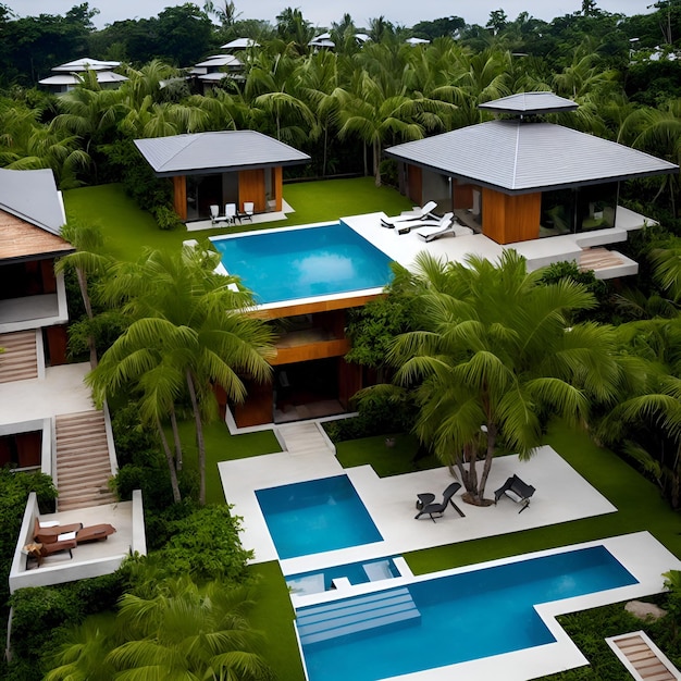 Фото роскошного дома с потрясающим бассейном, вид сверху