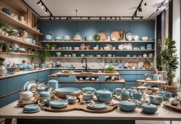 Фото роскошной кухни, наполненной обилием потрясающей синей посуды