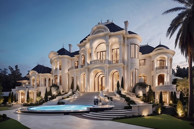 Photo of a luxurious mansion with a stunning pool in the foreground