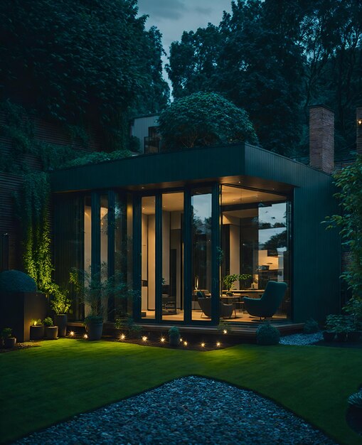 Photo of a luxurious modern house illuminated at night