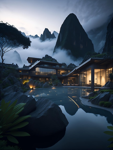 壮大なプールと美しい景色の豪華な山の家を撮った写真