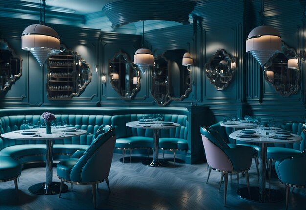 Photo of a luxurious restaurant with vibrant blue walls and elegant round tables