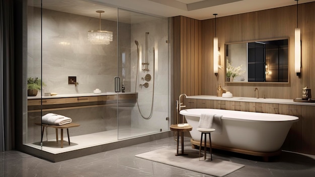 A Photo of a Luxurious Spa Bathroom with a Freestanding Tub and Rainfall Shower