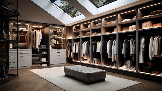 A Photo of a Luxurious Walk in Closet with Custom Shelving and Lighting