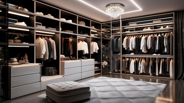 A Photo of a Luxurious Walk in Closet with Custom Shelving and Lighting