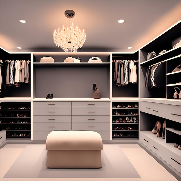 Photo of a luxurious walkin closet with a comfortable bench and elegant chandelier lighting