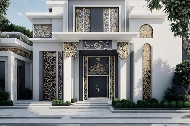 Photo of a luxurious white house with a sleek black door and windows