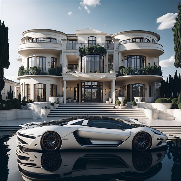 Photo of a luxurious white sports car parked in front of an impressive mansion