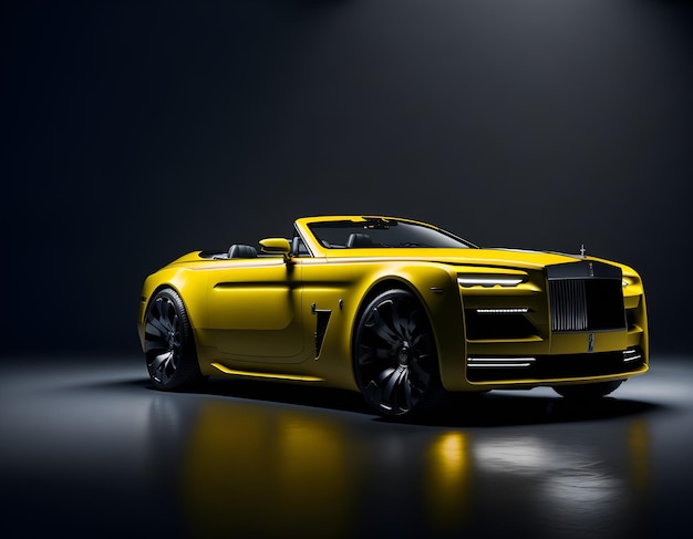 Photo of a luxurious yellow Rolls Royce parked in a dimly lit room