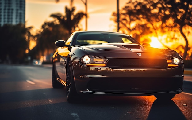 Photo of luxury car in evening nature on the road