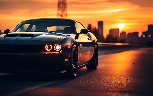 Photo of luxury car in evening nature on the road