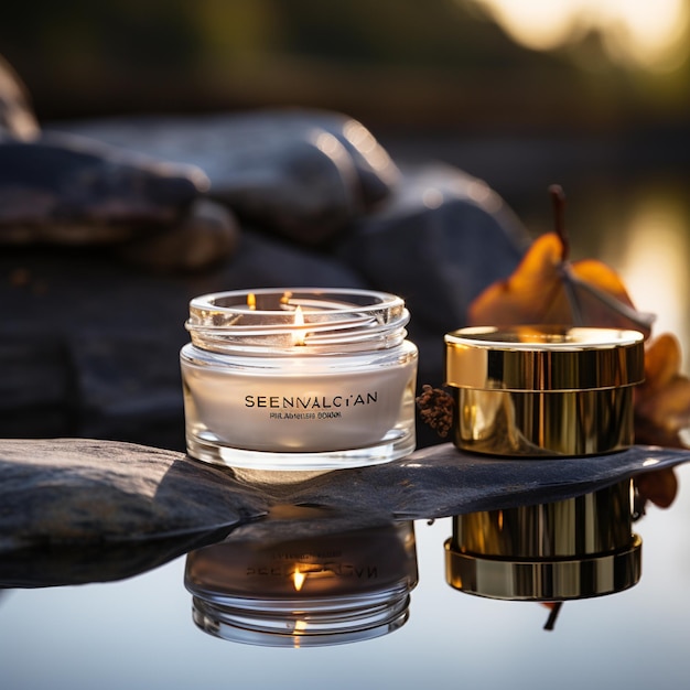 Photo luxury cosmetic cream glass jar sits on table in a beautiful blur stone and natural background