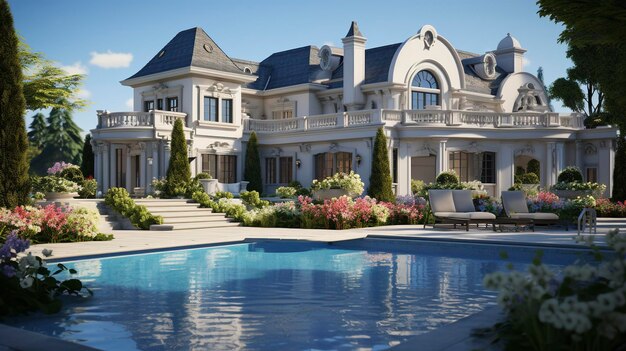 A photo of a luxury estate with a pool