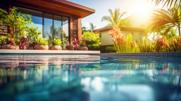 Photo luxury hotel and pool with sunrise in a beautiful natural blur background