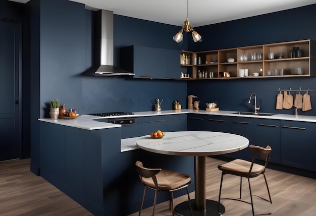 Foto foto disegno di angolo cucina di lusso con parete blu scuro