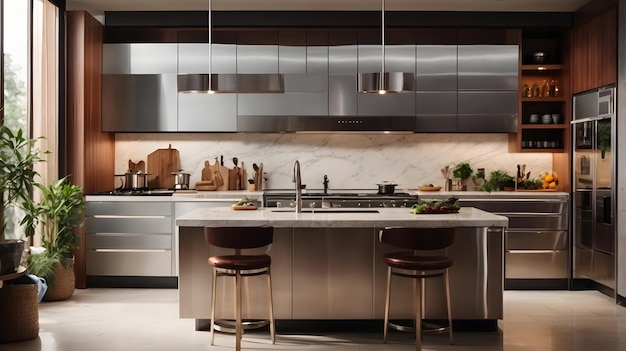 photo luxury modern kitchen with warm ambiance