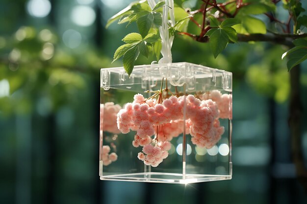 Photo of lychee in a glass box cube with delicate floral lace hang in decor scene beauty natural