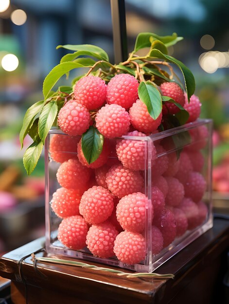 Photo of lychees in a glass box rectangular prism with vibrant silk s decor scene beauty natural