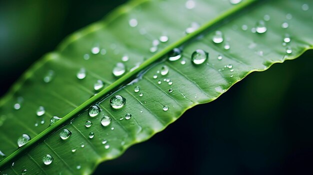 A photo of a macro shot of raindrops on a leaf