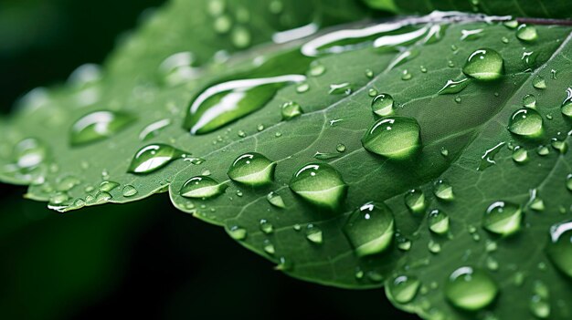 A photo of a macro shot of water droplets on a leaf