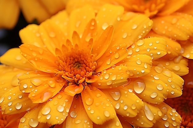 Photo of macro shot of water droplets on marigold petal