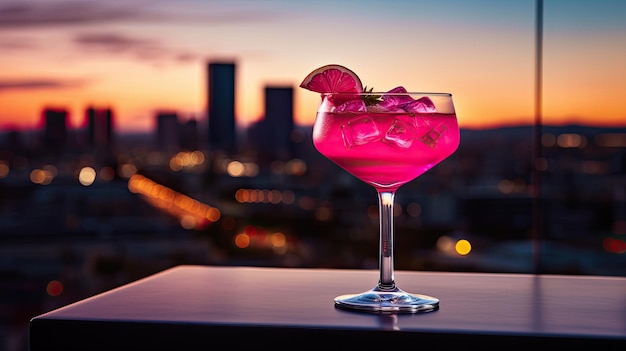 a photo of a magenta cocktail glass in a trendy rooftop bar