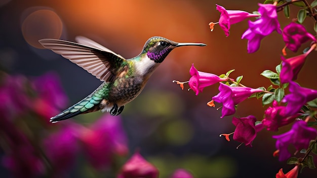 色とりどりの花の近くに浮かぶマジェンタ色のハミングバードの写真