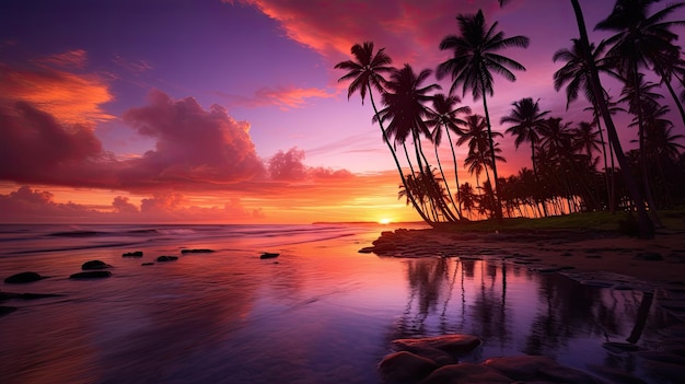 a photo of a magenta sunset over a tranquil beach