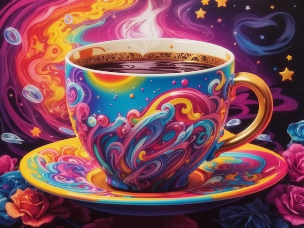 Photo Magic coffee cup with colorful sauce surrounded by pink and purple roses