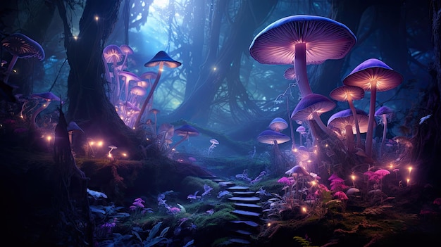 A photo of a magical forest glowing mushrooms