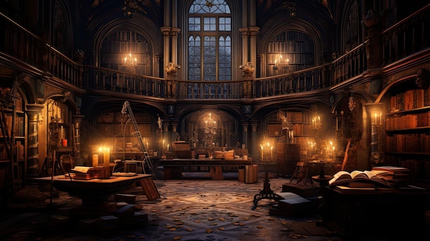 A photo of a magical library with ancient tomes candlelit glow