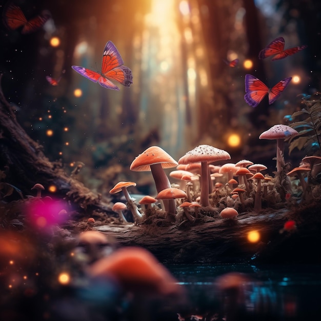 Фото магических психоделических ядовитых грибов в лесу Яркие неоновые летающие бабочки ИИ