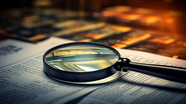 A photo of a magnifying glass on financial documents