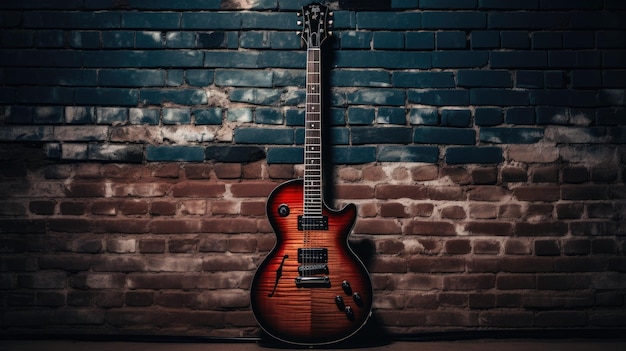 A photo of a mahogany guitar against a brick wall soft spotlight