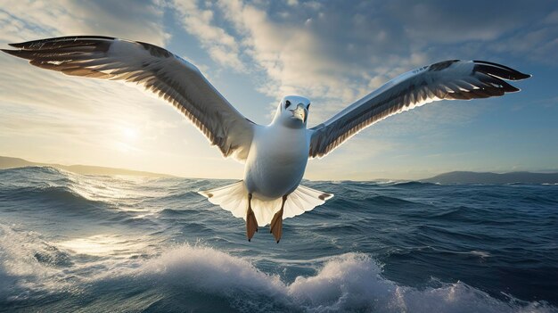 A photo of a majestic albatross gliding above the sea