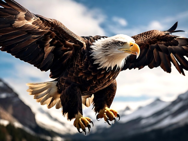Фотография величественного белоголового орлана в полете с внушительным размахом крыльев и пронзительным взглядом СОЗДАНА ИИ