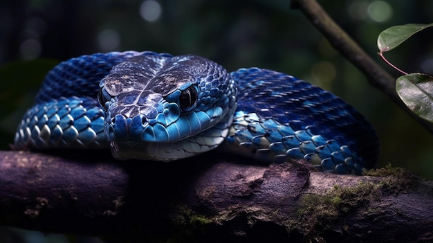 Фотография величественной змеи Blue Viper, свернувшейся на ветке дерева Генеративный AI