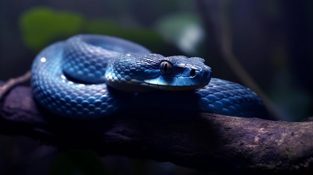 A photo of a majestic Blue Viper snake coiled up on a tree branch Generative AI