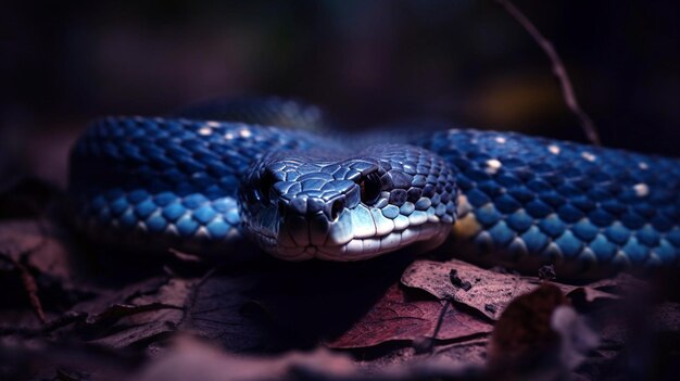 Фотография величественной змеи Blue Viper, свернувшейся на ветке дерева Генеративный AI