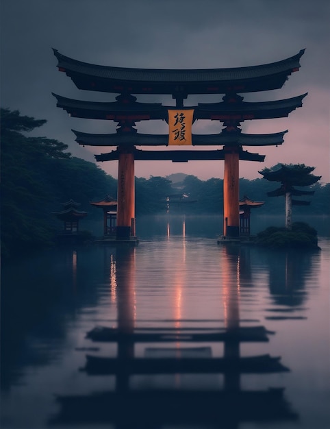 Photo of a majestic gate standing in the middle of a serene body of water