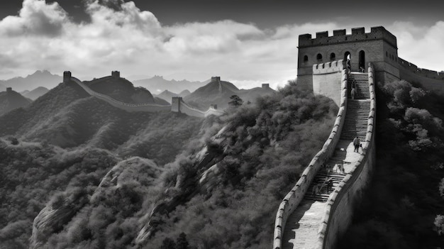 Foto foto della maestosa e iconica grande muraglia cinese in bianco e nero