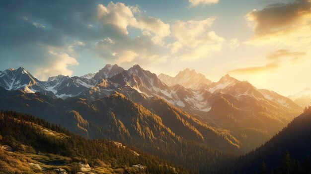 Photo a photo of a majestic mountain range bathed in golden sunrise