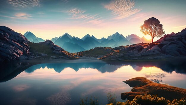 太陽が昇る際の壮大な山脈と小さな湖と前面の孤独な木