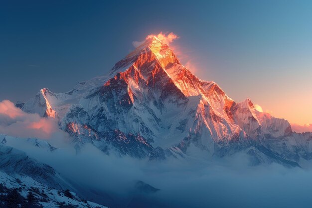 A photo of a majestic mountain range with its peaks covered in snow