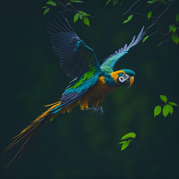 Photo of a majestic parrot in flight with vibrant feathers on display