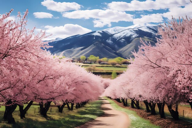 Photo photo of majestic spring mountain range with blooming