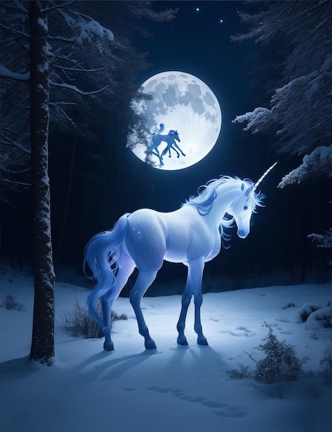 Photo of a majestic white unicorn standing in the snowy landscape under a full moon