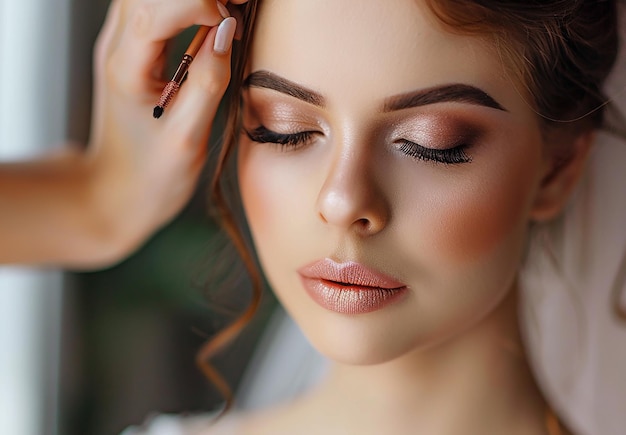 Photo photo of makeup artist doing bridal woman elegant makeup