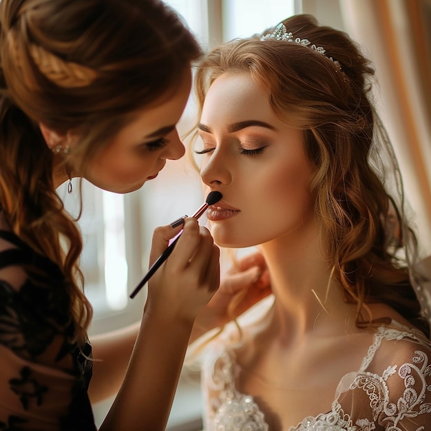 Photo photo of makeup artist doing bridal woman elegant makeup