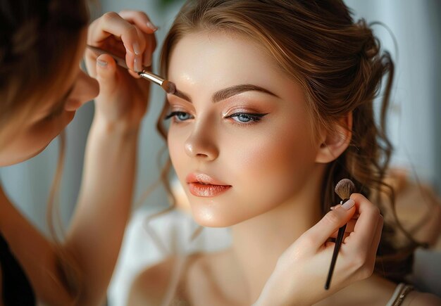 Photo photo of makeup artist doing bridal woman elegant makeup